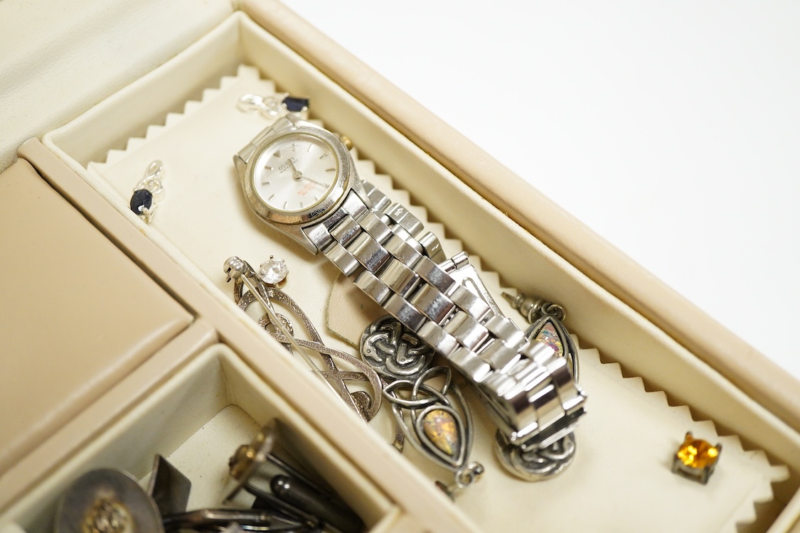 A jewellery box containing mainly costume and other jewellery including, silver and 925 cufflinks, a cultured pearl necklace with silver and paste set clasp and three wrist watches including a steel and gold plated Bulov
